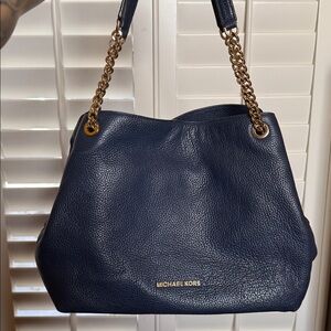 Michael Kors Dark Blue Shoulder Bag with Gold Accents